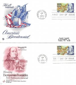 1975 FDC, #1690, 13c Benjamin Franklin, 2 diff. cachets