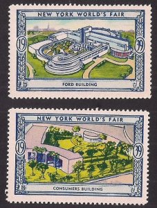 TWO labels: FORD & CONSUMERS buildings New York World's Fair Poster Stamps '39