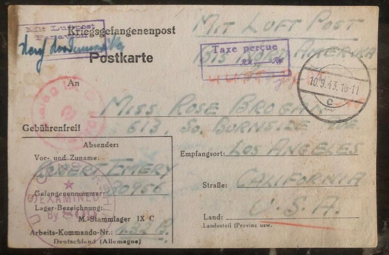 1943 Germany POW Camp Airmail Cover Stalag 9C USA Prisoner of War Tax Percue D