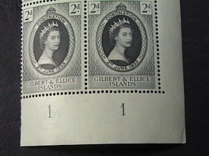 GILBERT & ELLICE ISLES # 60-MNH(2) & MH(2)--PLATE # BLOCK OF 4--1953