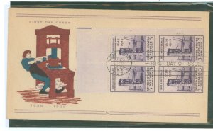 US 857 1939 3c Printing/300th anniversary in America (block of 4) on an addressed first day cover with a Fidelity pebbled cachet