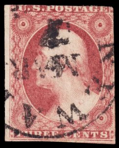 United States Scott 11, Dull Red, Type I (1855) Used G-F, CV $17.50 W