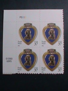 UNITED STATES-2003-SC# 3784 PURPLE HEART MNH PLATE BLOCK OF 4 VERY FINE