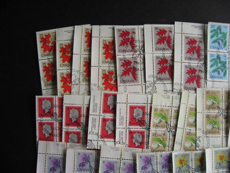 Canada 37 used plate blocks of 4 many in matched sets, most 1970s flowers issue