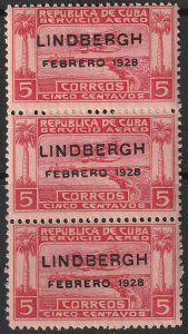 Cuba 1928 Sc C2 air post strip of 3 MNH**