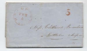 c1850 Bradford VT red CDS and 5 rate stampless cover [6434.47]