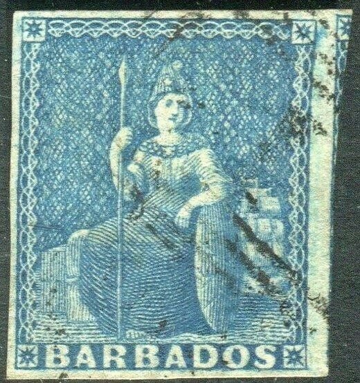 BARBADOS-1852-55 1d Blue.  A fine used example Sg 3