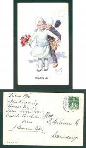 Denmark. 1913 Christmas Card. 5 Ore. Svendborg. Boy & Girl, Flowers. Kvaerndrup