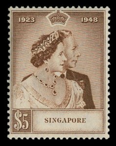 Singapore #22 Cat$115, 1948 $5 Silver Wedding, lightly hinged