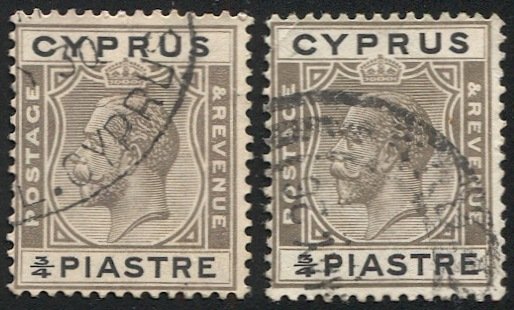 CYPRUS 1925 Sc 93 (2) Used GV 3/4pi VF Shades