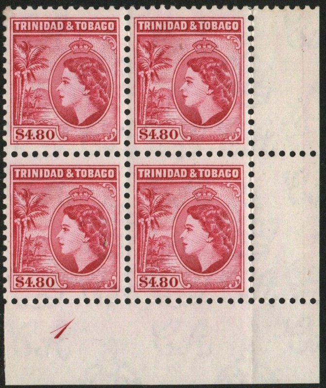 TRINIDAD & TOBAGO-1955 $4.80 Cerise Perf 11½ Block of 4 Sg 278a UM V48548