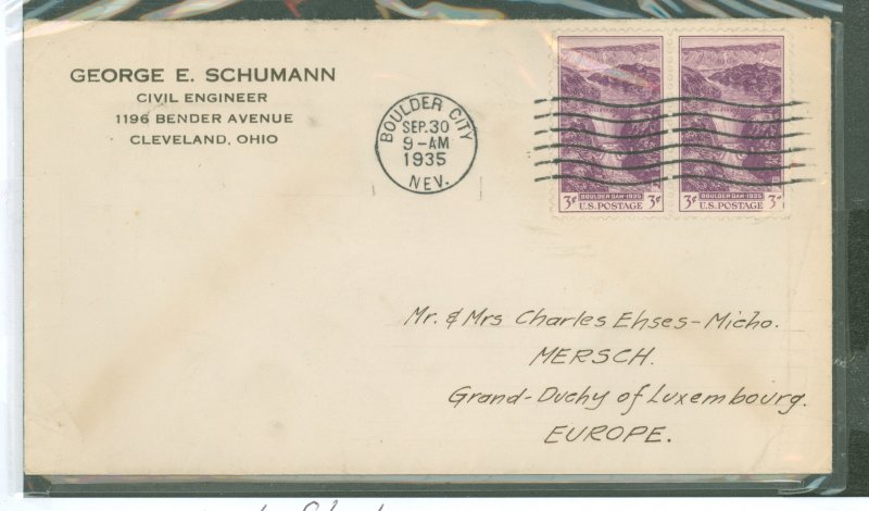 US 774 1935 3c pair, FDC addressed to Grand-Duchy of Luembourg, light creases not affecting stamps, back stamped
