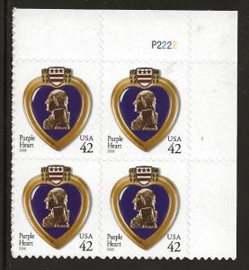 Catalog # 4264 Plate Block of 4 Die Cut Purple Heart Medal  Combat Wounded