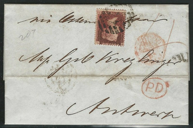 Great Britain, Scott #33 Plate #207, on 1865 Cover to Antwerp, Belgium