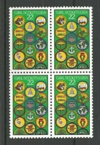 1987 Girl Scouts Block Of 4 22c Postage Stamps, Sc# 2251, MNH, OG