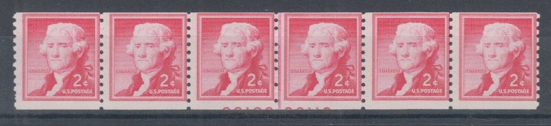 US Sc 1055 MNH. 1954 2c Jefferson Joint Line Strip w/ partial Plate numbers