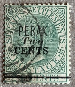 Perak 1891 2c on 24c, used with 1891 cancel. Scott 39, CV $95.00, SG 49