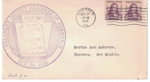 1932 FDC, #724, 3c William Penn, Delaware County C of C, pair