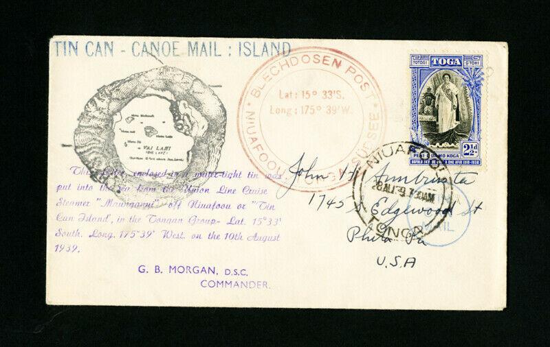 Tonga Cover w/Stamp Tin Can Canoe Mail Island Stamped 3x