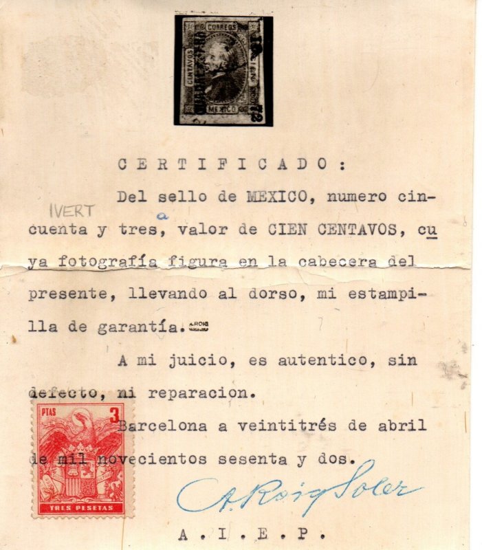 Mexico 98c Used. With 2 certificates