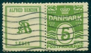 DENMARK (RE62) 5ore green, ALFRED BENZON SAEBER advertising pair, used