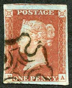 1841 Penny Red (FA) Plate 25 Fine Four Margins Cat 60 pounds