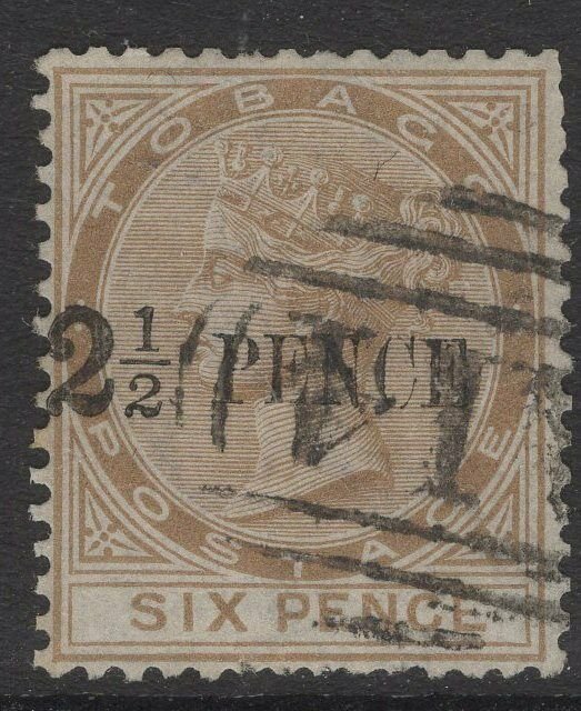 TOBAGO SG13 1883 2½d on 6d STONE USED PERF FAULTS
