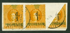 SG 37/37f Grenada 1886. 1d on 1½d orange. 2 singles & a bisected example. Very..