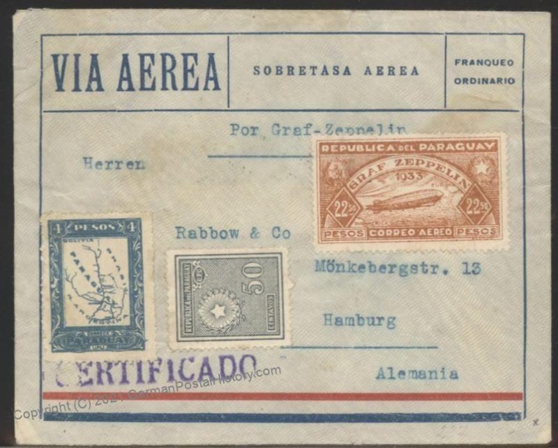 Paraguay 1933 Graf Zeppelin 8.SAF South America Flight Germany Cover Reve 106933