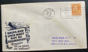 1945 Sarnia Canada Patriotic cover to Vancouver Tea And Coffee Are Rationed 