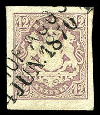 German States, Bavaria #21 (Mi. 18), 1867 12kr lilac, straight line date canc...