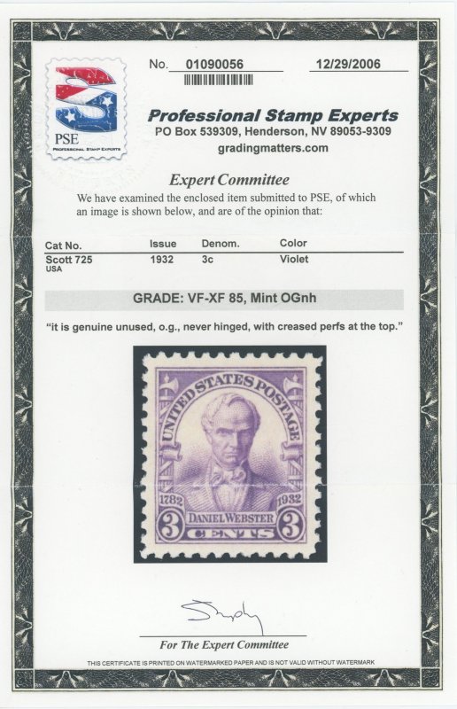 USA 725 - 3 cent Daniel Webster - PSE Graded Cert: VF/XF 85 Mint OGnh