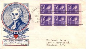 Scott 807a 3 Cents Jefferson Pane WSE Clifford FDC Typed Address Planty 807a-58