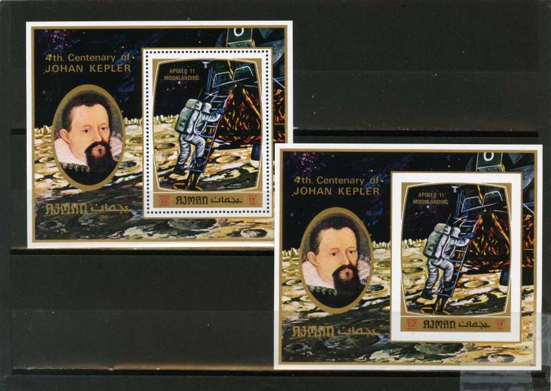 AJMAN 1971 Mi#Bl.297A,B SPACE/APOLLO 11/JOHAN KEPLER 2 S/S PERF.& IMPERF. MNH 