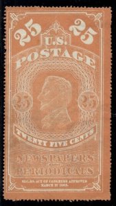 US #PR3, 25¢ orange red Newspaper, unused no gum as issued, thin, Scott $400.00