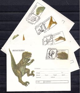 Romania, DEC/94 issue. Dinosaur Cancels on 4 Dino Postal Envelopes.