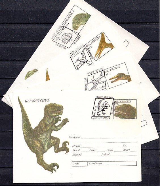 Romania, DEC/94 issue. #034-037/94. Dinosaur Postal Envelopes w/Cancels.