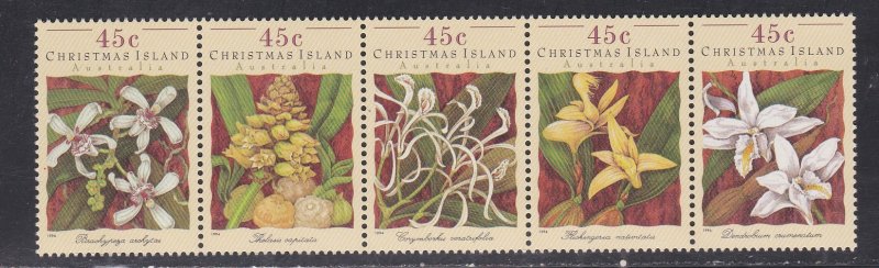 Christmas Island # 363, Orchids, Strip of Five Different, NH, 1/2 Cat.