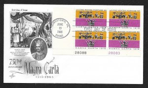 UNITED STATES FDC 5¢ Magna Carta 1965 PLATE BLOCK ArtCraft
