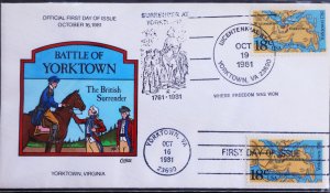 U.S. Used #1937 18c Yorktown 1981 Collins First Day Cover (FDC)