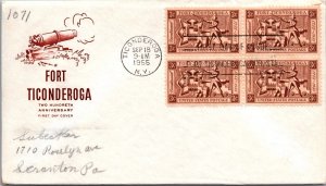 FDC 1955 SC #1071 Farnam Cachet - Fort Ticonderoga NY - Block Of 4 - J416