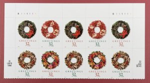Scott 3249-3252 GREETINGS-WREATHS Half-Pane of 10 US 32¢ Stamps MNH 1998
