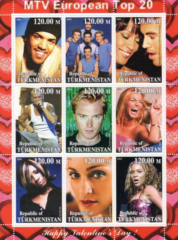 Turkmenistan 2001 Happy Valentine's Day Whitney Houston Enrique Iglesias Shlt(9)