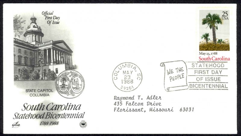 USA Sc#2343 ArtCraft FDC (b) Columbia,SC 1988 5.23 South Carolina Statehood 200