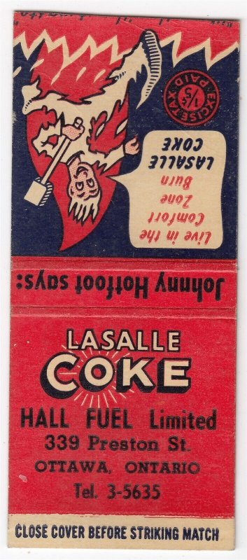 Canada Revenue 1/5¢ Excise Tax Matchbook LASALLE COKE Ottawa