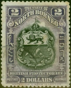 North Borneo 1925 $2 Mauve SG292 Fine Used Dubious Cancel CV £1100