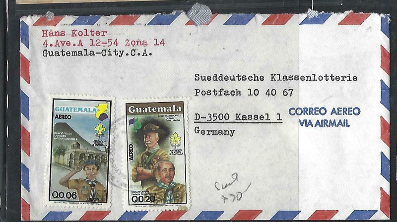 GUATEMALA  COVER (P2709B) 2 DIFF BOY SCOUT STAMPS ON A/M COVER TO GERMANY