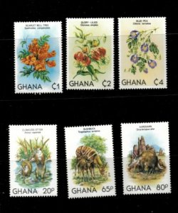 Ghana 1982 - Flowers, Animals, Nature - Set of 6 Stamps - Scott #782-7 - MNH