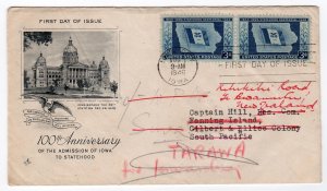 Iowa Statehood Centennial FD to Fanning Island fwd Fiji, New Zealand 1946