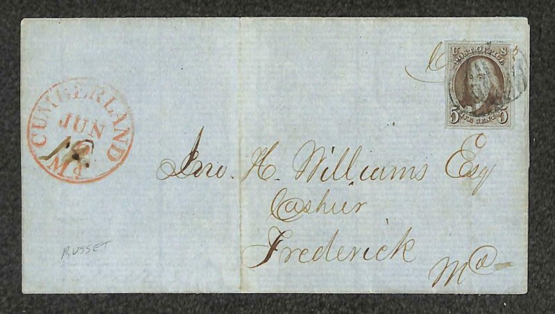 USA SCOTT #1 STAMP RUSSET BROWN COLOR FOLDED COVER CUMBERLAND MARYLAND 1849